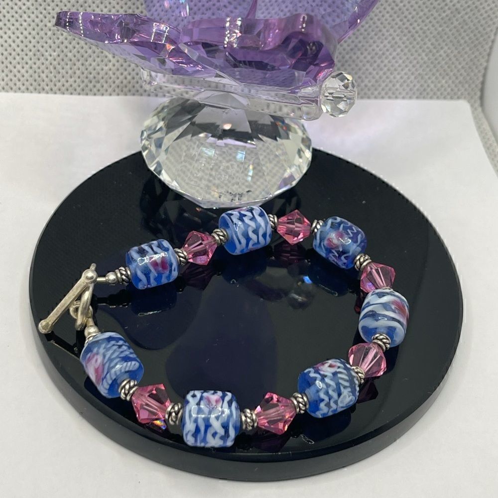 925 Bracelet glass art beans and pink rhinestone